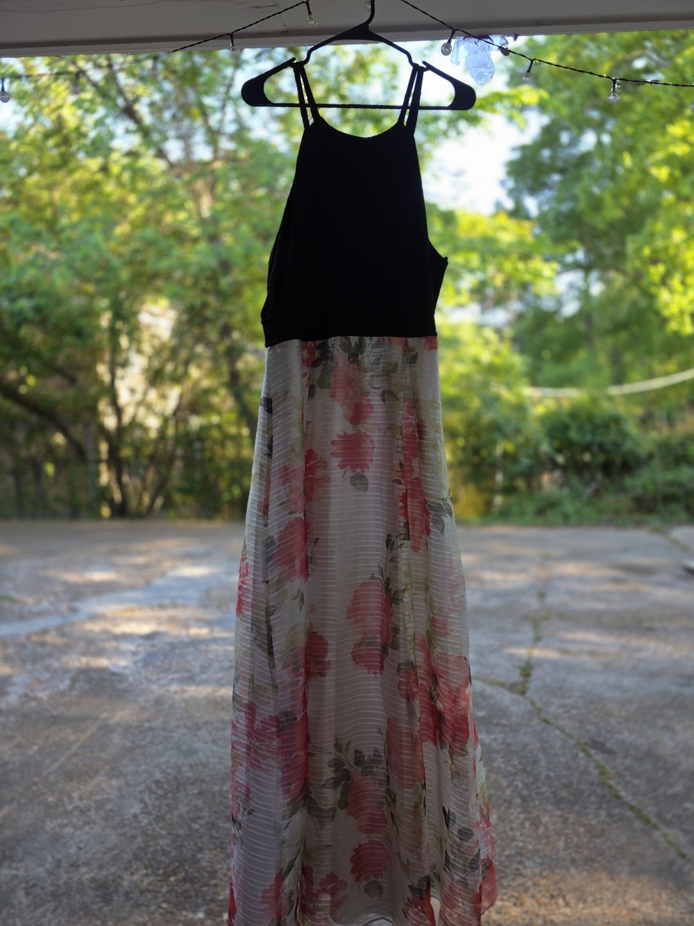 SLNY Black Bodice Maxi Dress with Pink Floral Skirt